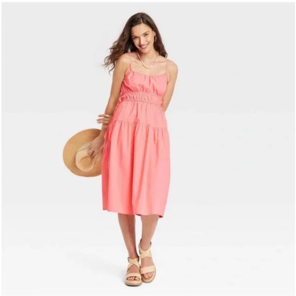 Universal Thread Coral Pink Spaghetti-Strap Midi Dress with Double Waist Ties